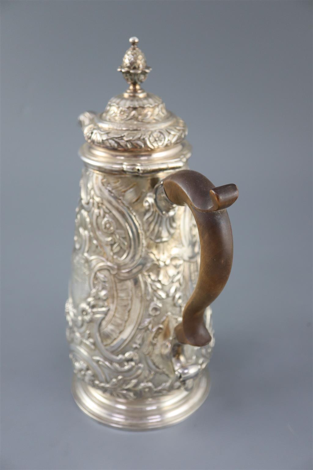 A late George II rococo tapered cylindrical coffee pot by Edward Aldridge, gross 26.5oz.